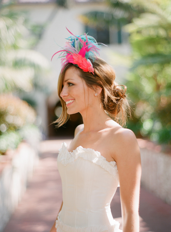 beautiful bride with colorful hair accessory wedding photo by Elizabeth Messina Photography